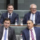 Liberal MP Alex Hawke and former Prime Minister Scott Morrison arrive for Question Time at Parliament House in Canberra on Monday.