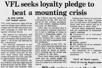 An article on the VFL crisis published in The Age on May 12, 1984.