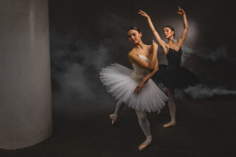 Australian Ballet dancers Valerie Tereshchenko (white) and Benedict Bemet (black) who will be performing in the brand new production of the ballet classic Swan Lake.