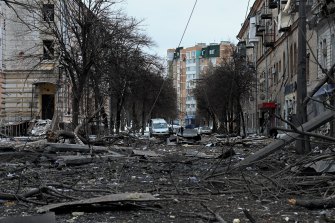 A bomb aimed at military police building in the city centre of Kharkiv also levelled nearby apartments and a park. 