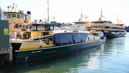 One of Sydney’s new, problem-plagued River-class ferries at the Balmain Yard in Sydney on Wednesday.