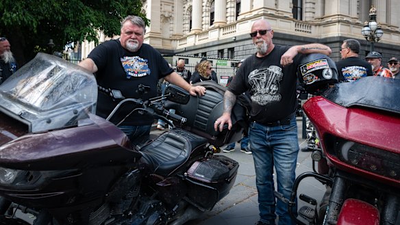 Paul Povh (left) and Michael White, at the riders’ protest outside Parliament House after Peter “Tiki” Mason died, are organising a “broken roads rally” for October 4.