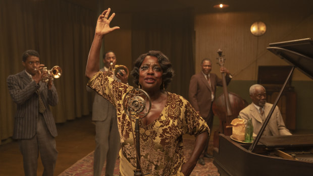 Chadwick Boseman (from left), Colman Domingo, Viola Davis, Michael Potts and Glynn Turman in Ma Rainey's Black Bottom.