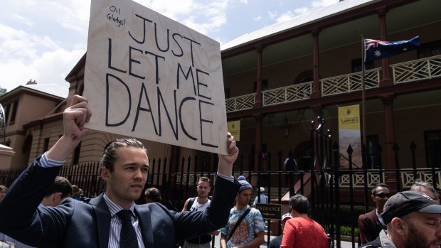 A Keep Sydney Open rally outside NSW Parliament House on Thursday. 