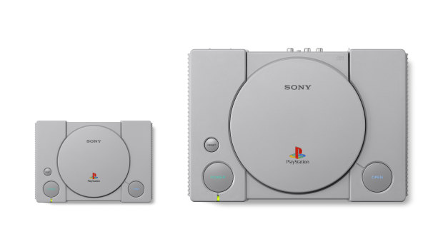 The PlayStation Classic, alongside the 1994 original.