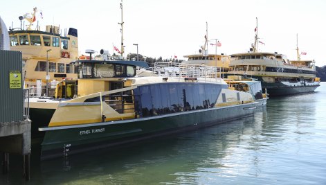 One of Sydney’s new, problem-plagued River-class ferries at the Balmain Yard in Sydney on Wednesday.