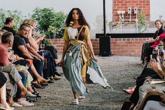 A Ngali dress with print by Lindsay Malay, shown at Country to Couture 2021.