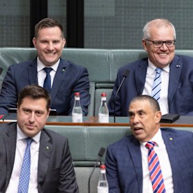 Liberal MP Alex Hawke and former Prime Minister Scott Morrison arrive for Question Time at Parliament House in Canberra on Monday.