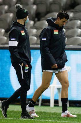 Scott Pendlebury was ruled out at quarter-time with a lower leg knock.