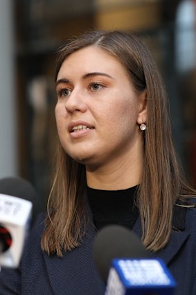 Brittany Higgins speaking to the media after meeting with Prime Minister Scott Morrison in April.