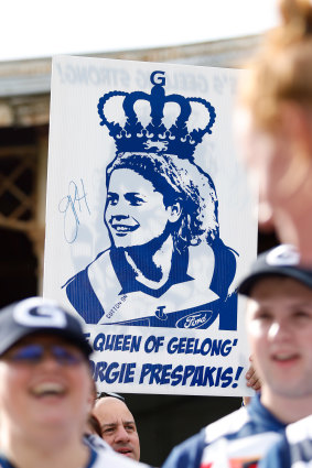 A sign for Georgie Prespakis during the second semi-final between Melbourne and Geelong at IKON Park. 
