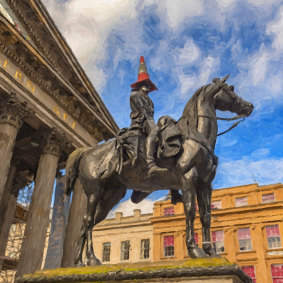 The Duke of Wellington, complete with traffic cone, in front of the Gallery of Modern Art, Glasgow.