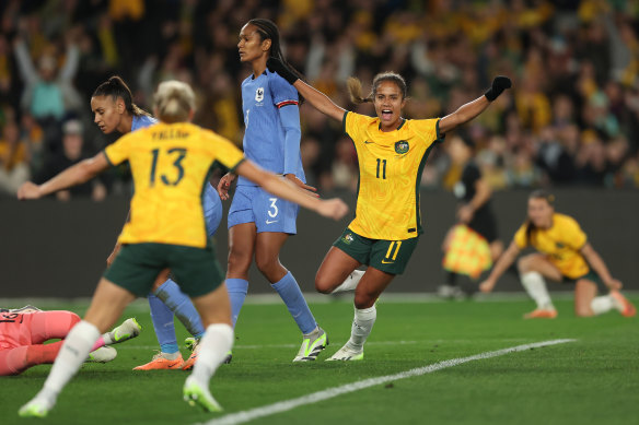 Australia’s Mary Fowler scores a goal against France in send-off friendly.