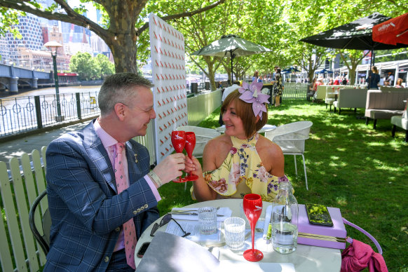 John Pemberton and Cathy Bryson enjoy a drink at Southbank on Tuesday.