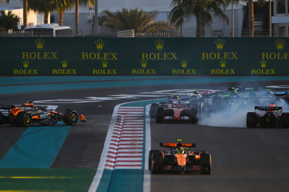 Oscar Piastri spins after a collision with Red Bull’s Max Verstappen. 
