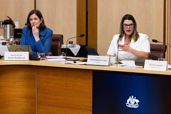 Senators Sarah Henderson (left) and Sarah Hanson-Young on Tuesday.