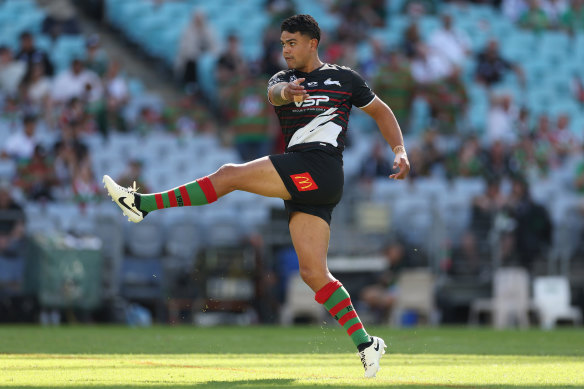 Latrell Mitchell warming up ahead of the Rabbitohs clash with the Bulldogs.