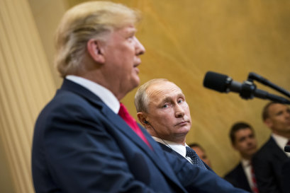 Do<em></em>nald Trump with President Vladimir Putin of Russia in Helsinki, Finland, in 2018.  Trump refused to believe US intelligence agencies when they said Russia had interfered in the 2016 election.