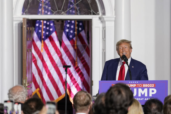 Former President Donald Trump speaks to supporters at his golf club in Bedminster, New Jersey.