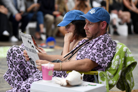 Singer Ben Lee and actor Ione Skye on the runway for Emma Mulholland’s sunny Australian Fashion Week show.