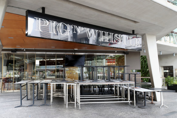 An empty restaurant in Brisbane’s King George Square during the March 2020 lockdown. While vaccinations are driving business confidence, they also want clarity and consistency around how the government responds to new outbreaks.