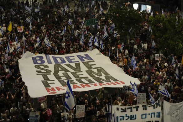 People protest against Israeli Prime Minister Benjamin Netanyahu’s government and call for the release of hostages held in the Gaza Strip by the Hamas militant group in Tel Aviv, Israel.