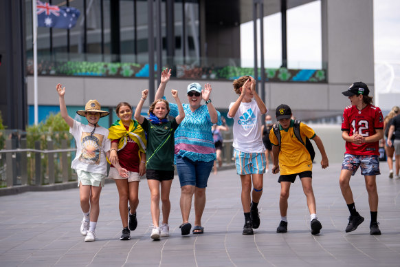 Spectators (left to right) Tabitha, 11, Eliana, 11, Tess, 11, Sophie Angus, Luke, 13, Eden, 13, and Darley, 13, outside Margaret Court Arena on Thursday.