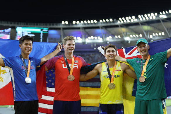 The men’s pole vault podium at the world championships in Budapest was filled by silver medalist Ernest John Obiena, of the Philippines, US bronze medallist Christopher Nilsen, winner Armand Duplantis, of Sweden, and Australian Kurtis Marschall, who shared the bronze with Nilson.