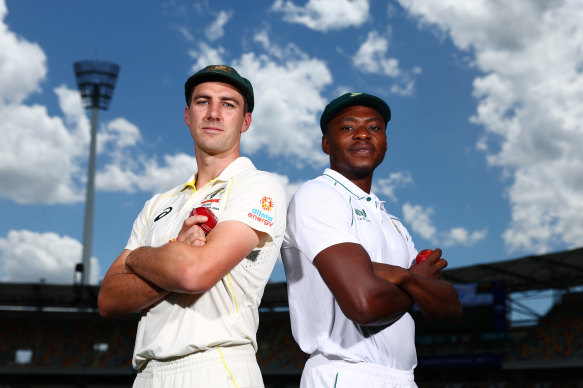 Pat Cummins and Kagiso Rabada at the Gabba on Friday ahead of the first Test.