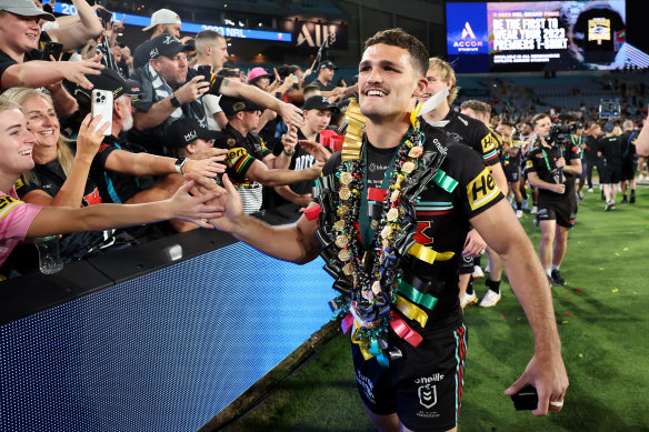 Nathan Cleary wearing his candy lei, which is a symbol of the Panthers’ success on the field.