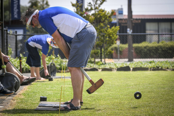 Trugodor Justin Mansfield wields his mallet at the Footscray Trugo Club.