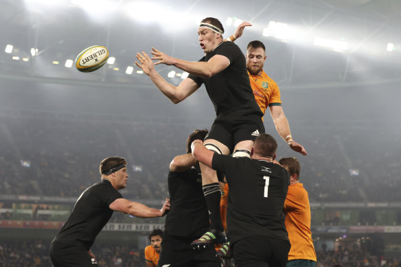 New Zealand’s Sam Whitelock, top left, wins a line out