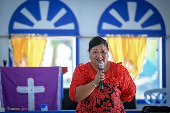 Former Marshallese senator Abacca Anjain-Maddison addressing a Sunday church service on Mejatto.