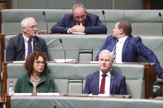 Damian Drum (left) with Nationals colleages (left to right) Anne Webster, Barnaby Joyce,  Michael McCormack and Llew O’Brien during question time in June.  
