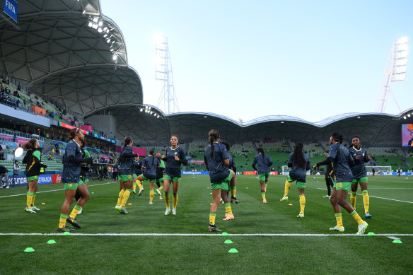 Jamaica warm up prior to their round of 16 match against Colombia at AAMI stadium, or the rectangular stadium, on August 8.