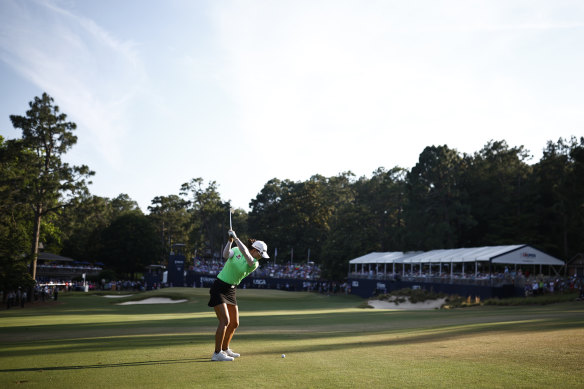 Minjee Lee plays a shot from the fairway on the 18th hole. 