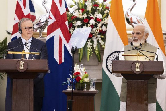 Prime Minister Anthony Albanese and Prime Minister of India Narendra Modi in Delhi, India this month.
