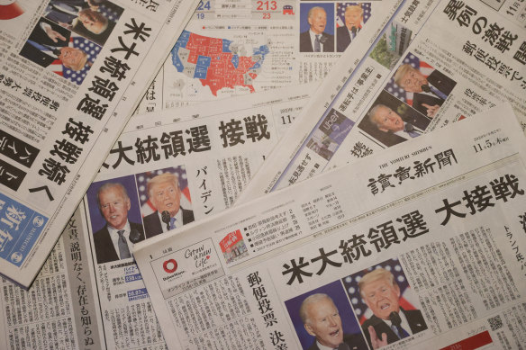 Reaction to the US Presidential Election is seen on the front pages of Japanese newspapers on Thursday.