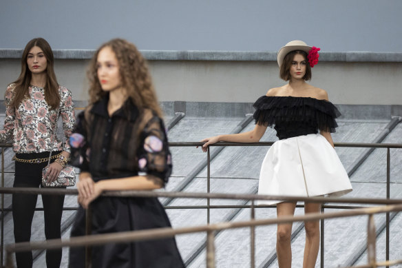Model Kaia Gerber wears a creation as part of the Chanel Ready To Wear Spring-Summer 2020 collection, unveiled during the fashion week, in Paris, Tuesday, Oct. 1, 2019. 