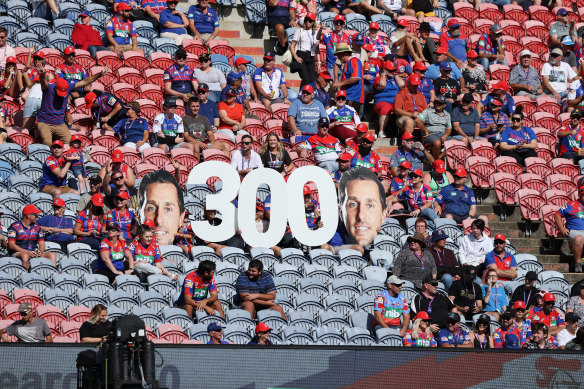 Newcastle fans commemorate halfback Mitchell Pearce’s 300th NRL game.
