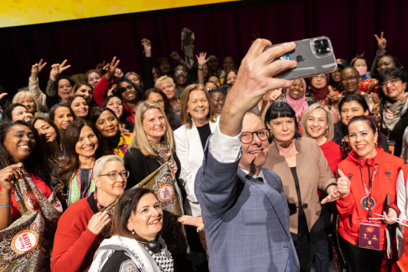 Anthony Albanese stopped for selfies with union delegates at an IR conference on Monday, but did not attend any public election campaign events.