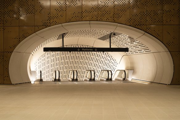 A bank of escalators to the train platforms at Victoria Cross station in North Sydney.