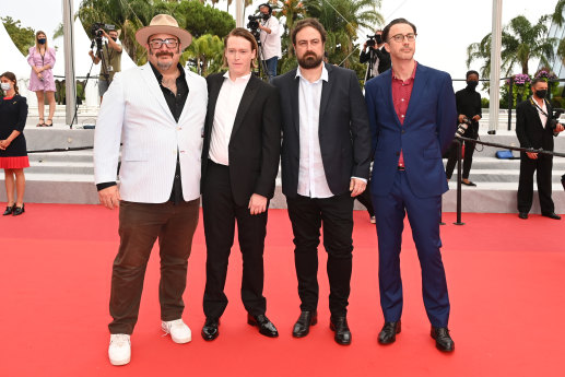 Producer Nick Batzias, actor Caleb Landry Jones, director Justin Kurzel and screenwriter Shaun Grant at the Cannes Film Festival premiere of Nitram.