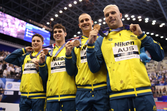 Bronze medallists Thomas Neil, Alexander Graham, Kai Taylor and Kyle Chalmers after their 4x200m freestyle final. 