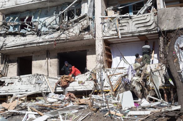 A residential building on Mostytska Street in Kyiv which was hit by a rocket.