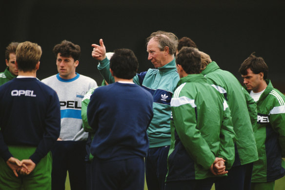 Jack Charlton makes a point during training. 