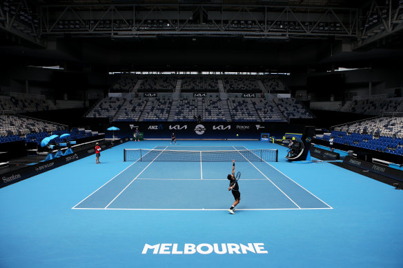 Fabio Fognini practises at Melbourne Park on Sunday. All but 15 people from the tennis cohort have been released from hotel quarantine.