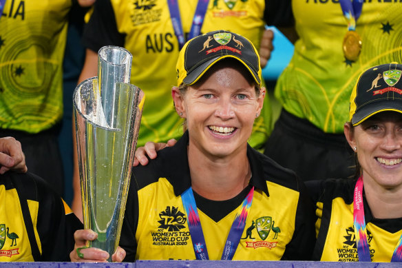 Meg Lanning, pictured with the Twenty20 World Cup trophy, is bound for the Stars. 