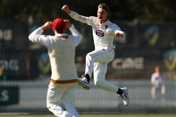 Henry Thornton celebrates a wicket during Victoria’s collapse on the final day of the Sheffield Shield final.