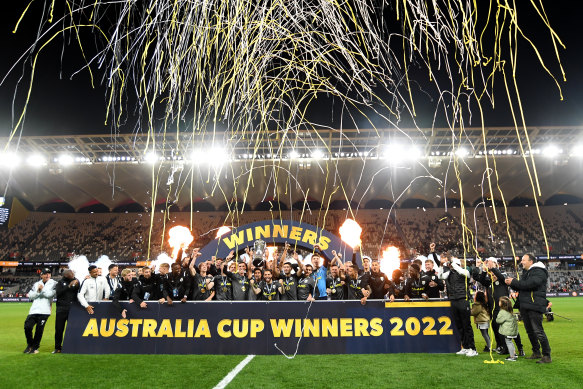 Macarthur FC celebrate winning the Australia Cup Final.